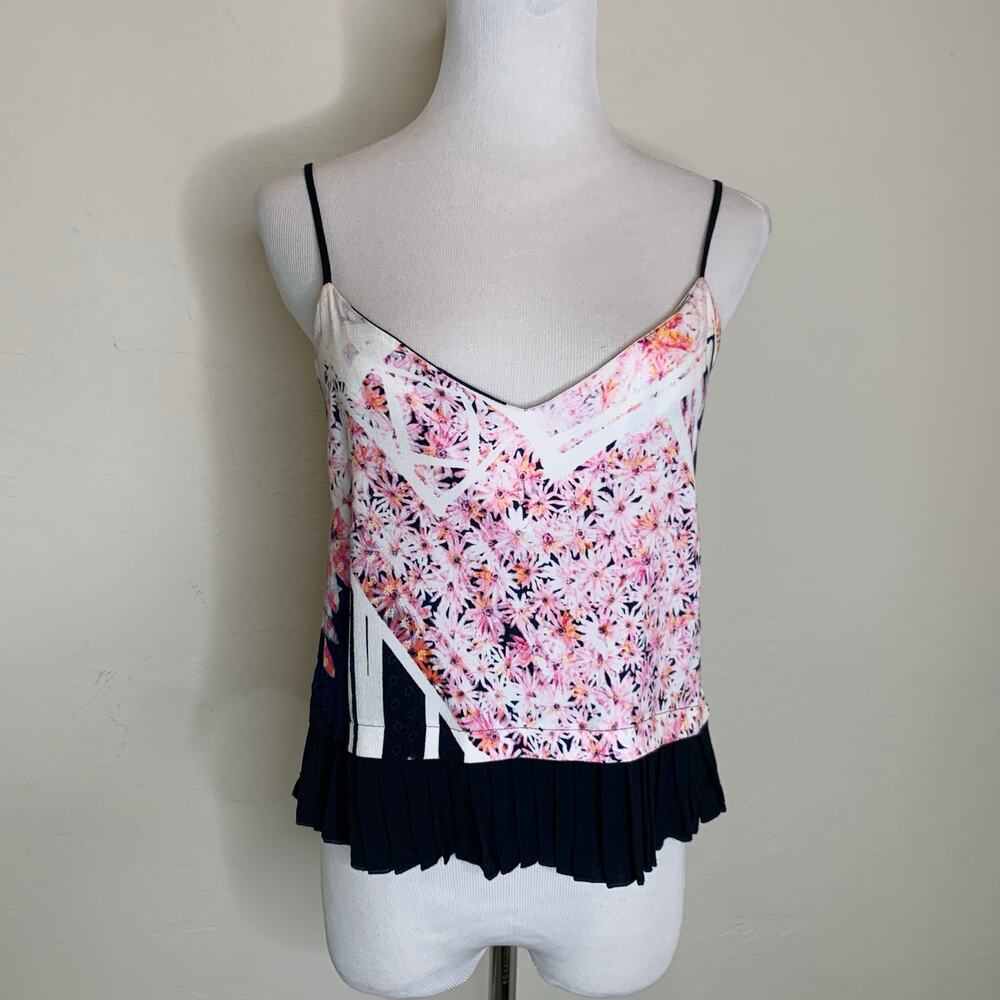 French Connection Floral Pink White Orange w Dark Blue Pleated Trim Sz 2